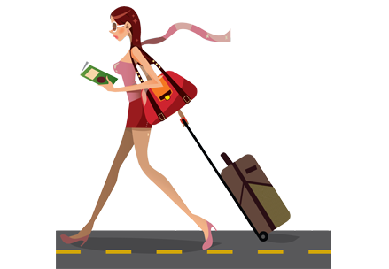 スーツケースとフォトアルバムを持って歩いている女性
